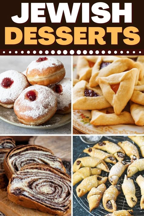 These Jewish desserts are tasty, traditional, and easy to make! From babka to rugelach to apple cake, everyone will love these authentic treats. My Jewish Learning Recipes, Hannukah Recipes Desserts, Jewish Cake Recipes, Traditional Jewish Meals, Jewish Cinnamon Cakes, Easy Jewish Desserts, Jewish Shabbat Recipes, Kosher Cookie Recipes, Jewish Baking Recipes