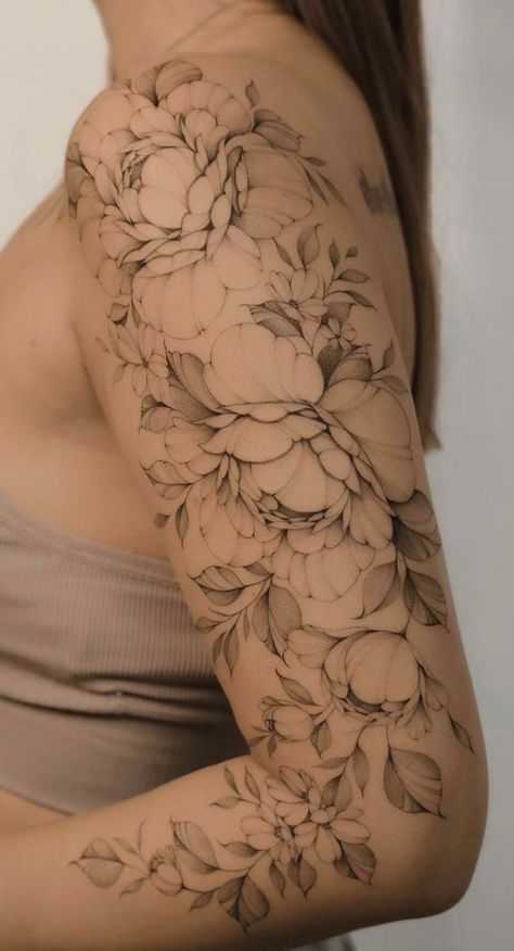 Flowers Wrapped Around Arm Tattoo Color, Female Half Leg Sleeve Tattoo, Fine Line Realism Tattoo Sleeve, Peony And Hibiscus Tattoo, Creative Fine Line Tattoos, Redbone Tattoo, Feminine Half Sleeve Tattoo Forearm, Upper Arm Flower Tattoos For Women, Floral Half Sleeve Tattoo Upper Arm