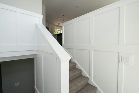 Split level entry                                                                                                                                                                                 More Split Foyer Entrance Ideas, Wainscoting Split Level Entry, Small Split Entryway Ideas, Split Entry Wall Ideas, Split Level Half Wall Ideas, Split Level Banister, Board And Batten Split Level Entry, Handrail Update, Small Split Level Entryway Ideas