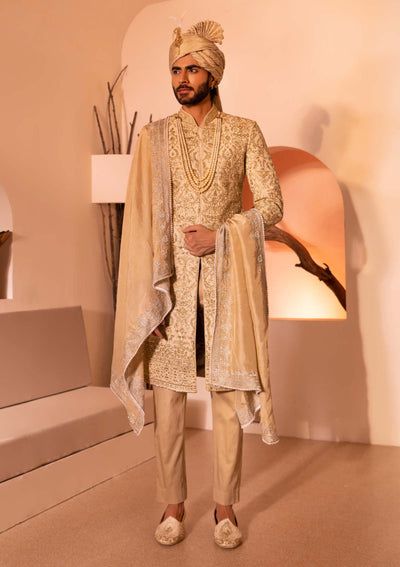 Groom - Buy Designer Groom Attire Groom Indian Wedding Outfits, Gold Sherwani, Indian Wedding Suits Men, Indian Groom Dress, Indian Wedding Clothes For Men, Cutdana Work, Kurta Pants, Nikah Outfit, Sherwani For Men Wedding