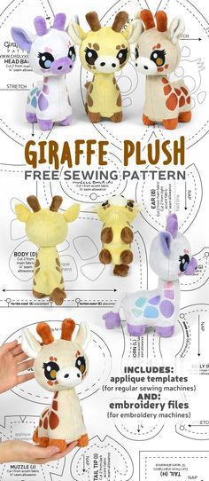 Diy Sewn Stuffed Animals, Giraffe Sewing Pattern, Choly Knight, Sewing Templates, Cute Sewing Projects, Animal Sewing Patterns, Plushie Patterns, Sewing Stuffed Animals, Applique Templates