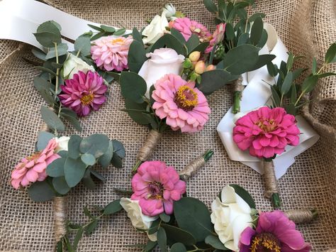 Button holes for a September wedding using dahlias and zinnias. Zinnias Wedding Bouquets, Zinnia Boutonniere, Zinnia Wedding Bouquet, Zinnia Bouquet, Colorful Bridal Bouquet, Dahlia Bouquet, Citrus Wedding, Button Holes Wedding, Wedding Boutonniere