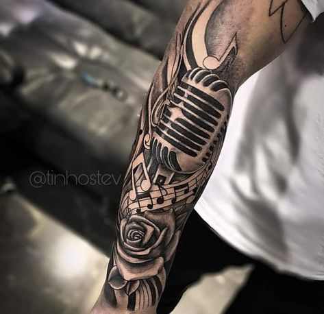 Arm Tattoos Music, Microphone Tattoo, Music Tattoo Sleeves, Half Sleeve Tattoos Forearm, Hand And Finger Tattoos, Music Tattoo Designs, Tattoo Templates, Forearm Tattoo Women, Tattoos For Black Skin