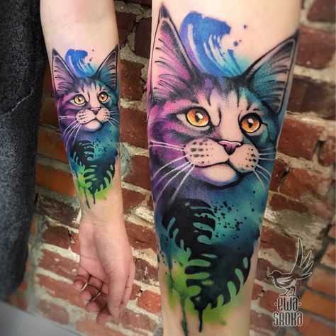 Colorful Owl Tattoo, Watercolor Cat Tattoo, Skin Color Tattoos, Colour Tattoo For Women, Mainecoon Cat, Female Tattoo Artists, Tatuaje A Color, Best Sleeve Tattoos, Girly Tattoos