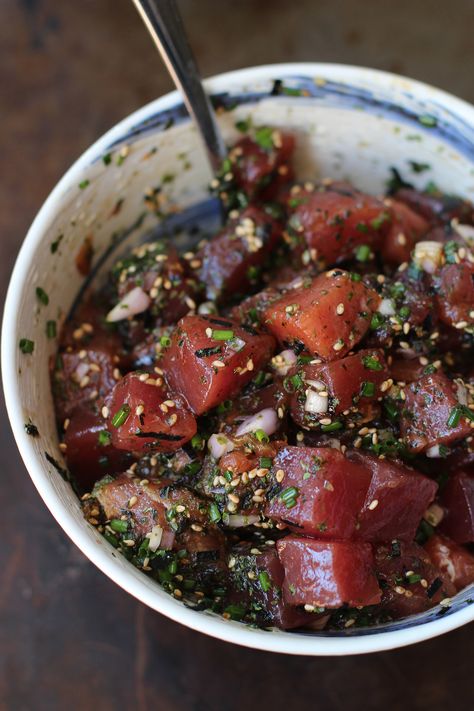 Ahi Tuna Poke Bowls Poke Bowl Easy, Ahi Poke Bowl, Ahi Tuna Poke Bowl, Tuna Poke Bowl Recipe, Ahi Tuna Poke, Poke Recipe, Hawaiian Fish, Tuna Poke Bowl, Poke Bowl Recipe