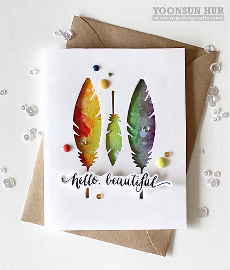 Created by Yoonsun Hur using Simon Says Stamp Exclusives for this Gorgeous Card. Feather Cards, Hello Cards, Die Cut Cards, Bird Cards, Masculine Cards, Hello Beautiful, Paper Crafts Cards, Watercolor Cards, Art Journals