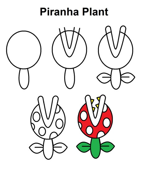 Step-by-step tutorial to draw a Piranha Plant from Super Mario. How To Draw Mario Mushroom, Easy To Draw Mario, Mario Doodles Easy, Easy To Draw Mario Characters, How To Draw Mario Bros, Super Mario Bros Painting Ideas, Step By Step Mario Drawing, Super Mario Drawing Ideas, Mario Bros Drawing Easy