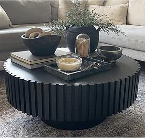 kevinplus 39.37'' Black Round Coffee Table Modern Wood Coffee Table for Living Room, Contemporary Circle Fluted Drum Coffee Table, No Assembly, Black (ø39.37'' x 13.42'') Black Round Coffee Table, Living Room Contemporary, Modern Wood Coffee Table, Coffee Table For Living Room, Coffee Table Modern, Round Coffee Table Modern, Drum Coffee Table, Mid Century Coffee Table, Table For Living Room