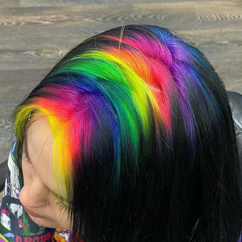 Rainbow Roots Black Hair, Rainbow Ghost Roots, Rainbow Roots Hair, Pride Hair Color, Black And Rainbow Hair, Halo Dyed Hair, Crazy Hair Color Ideas, Neon Rainbow Hair, Rainbow Bangs