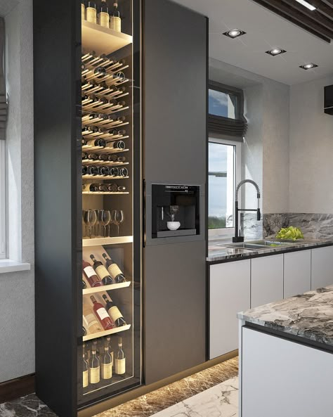 DP_MODERN_KT_Vizhorod_S=200 on Behance Kitchen Wine Rack Ideas, Built In Fridge And Pantry, Modern Home Bar Luxury, Bar Design Ideas Home, Bar In House, Küchen Inspiration Modern, Kitchen Wine Storage, Modern Home Bar Designs, Wine Bar Design