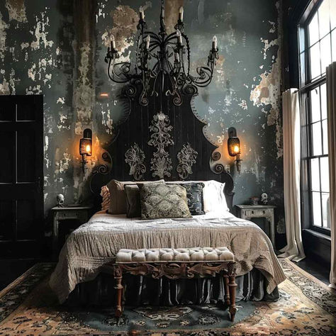 33 Bedroom Abodes: Where Scandinese Light Embraces Gothic Shadows Pink And Black Victorian Bedroom, Goth Shabby Chic, Dark Shabby Chic Bedroom, Romantic Goth Bedroom Ideas, White Gothic Bedroom, Dark Shabby Chic, Victorian Gothic Home Decor, Goth Interior, Gothic Bedroom Ideas