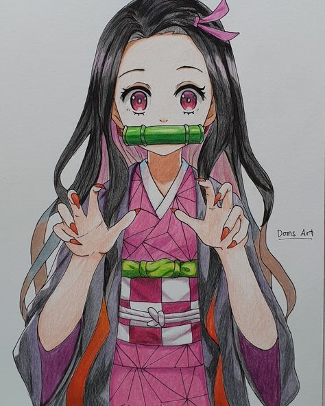 Nezuko Pencil Drawing, Nezuko Art Sketch, Anime Color Pencil Art, Art Drawings Disney, Colour Pencil Art Sketches, Drawing Nezuko, Nezuko Drawing, Colour Pencil Art, Bear Drawings