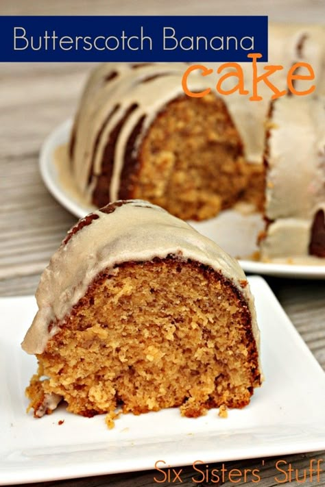 Butterscotch Banana Bundt Cake from SixSistersStuff.com #bananas #cake Butterscotch Banana Cake, Butterscotch Cake Recipe, Banana Butterscotch, Banana Bundt Cake, Banana Bundt, Butterscotch Cake, Butterscotch Pudding, Bundt Cakes Recipes, Bundt Cakes