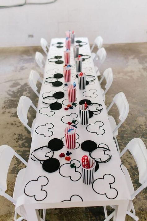 21 Modern Mickey Mouse Birthday Party Modern Mickey Party, Classic Mickey Mouse Birthday, Neutral Mickey Mouse Party, Mickey Mouse Birthday Table, Modern Mickey Mouse Party, Modern Mickey Mouse Birthday, Party Kids Table, Décoration Baby Shower, Mickey Mouse Birthday Decorations