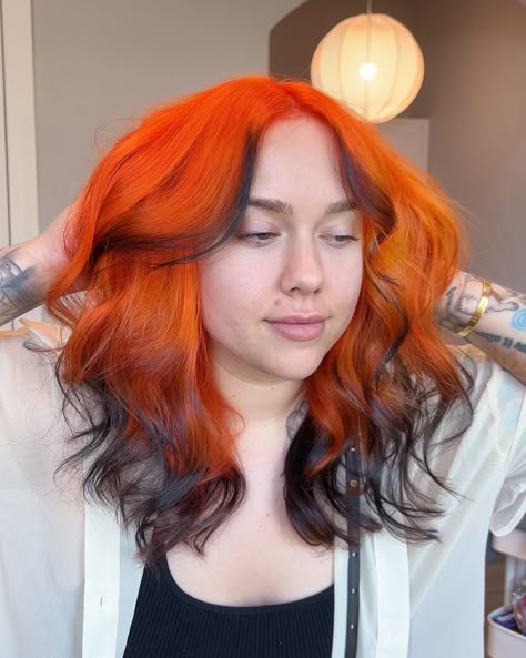 NEON FOX HAIR 🍑🧡🍊🎃🥭 I have been getting all my warm tone girlies lately and it makes my heart so happy! Brittany was turned down by three different stylists because her hair was too much for them to handle. I unfortunately am always drawn stressful things so of course I was brave enough to conquer her hair (•̀ᴗ•́)و aaaand her hair ended up being so easy to work with! We were both pleasantly surprised 😋 I didn't get a before picture but previously we had installed a full head of red tape-i... Fox Color Hair Dye, Red Multicolor Hair, Fox Tail Hair Color, Fox Color Hair, Fox Tips Hair, Fox Dyed Hair, Cool Hair Dye Ideas, Fox Hairstyle, Fox Hair Dye