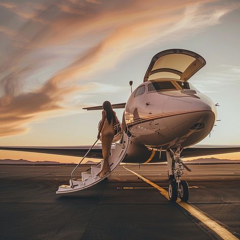 Luxury Private Jet: A woman boards a luxury private jet, silhouetted against a stunning sunset on the runway. #sunset #luxury #jet #woman #travel #aiart #aiphoto #stockcake ⬇️ Download and 📝 Prompt 👉 https://ayr.app/l/pYQM Jet Setter Lifestyle, Getting On Private Jet, Travel Private Jet, Flying Private Jet, Personal Jets Planes, Private Jet Lifestyle, Jet Setter Aesthetic, Private Plane Aesthetic, First Class Flight Aesthetic