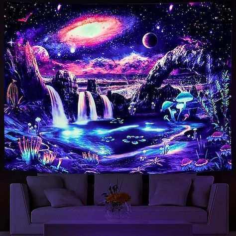 Space Tapestry, Blacklight Tapestry, Hanging Plant Wall, Waterfall Landscape, Uv Black Light, Tapestry Wall Art, Uv Reactive, Eid Al Adha, Mural Wall Art