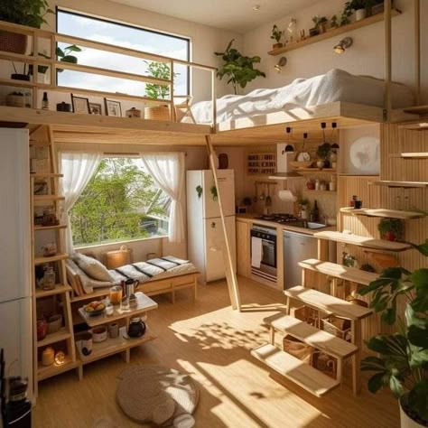 Japanese Style Tiny House, A Loft Bed, Tiny House Interior Design, Tiny House Loft, Tiny House Inspiration, House Loft, Tiny Home Ideas, Tiny House Interior, Tiny House Cabin