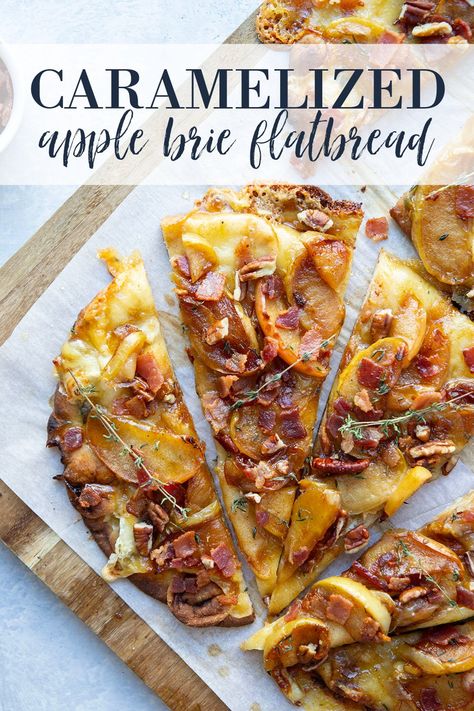 Brie Flatbread, Apple And Brie, Apple Brie, Apple Pizza, Caramelized Apples, Caramelised Apples, Flatbread Recipes, Crunchy Pecans, Flatbread Pizza