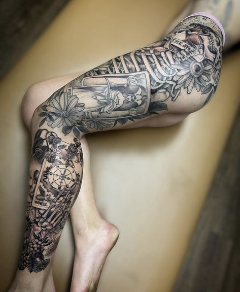 Girly Full Leg Tattoo, Spiritual Leg Sleeve Tattoos For Women, Entire Leg Tattoo Women, Skeleton Leg Tattoo, Lower Leg Tattoos Women Calves, Calf Sleeves Tattoo, Side Calves Tattoos For Women, Lower Leg Tattoos Women Unique, Whole Leg Tattoo