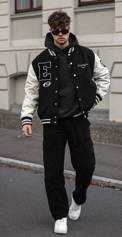 Winter Varsity Jacket Outfit, Varsity Jacket Streetwear, Black And White Male Outfit, Guys Clothing Styles Streetwear, Men Varsity Jacket Outfit, Hockey Jersey Outfit Mens, Varsity Jacket Outfits, Varsity Jacket Outfit Mens, Baseball Jacket Outfit