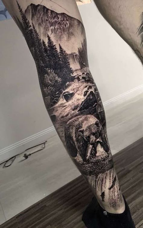 Men’s Sleeve Tattoo Bear, Full Sleeve Outdoor Tattoo, Mountain Tattoo Leg Sleeve, Bear Leg Sleeve Tattoo, Mountain Leg Sleeve Tattoo, Wilderness Forearm Tattoo, Nature Bicep Tattoo, Leg Sleeve Tattoo Animals, Tattoo Sleeve Mountains