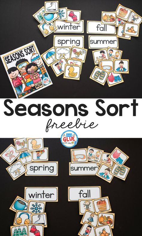 Your students will absolutely love this Seasons Sort printable! The perfect addition to your learning centers. #earlylearning #teachers #seasons Seasons Math Activities Preschool, Four Seasons Sorting Activity, Weather Circle Time Activities, Weather Sorting Activity, Seasons Year 1, A Dab Of Glue Will Do Freebies, Seasons Sorting Activity Free Printable, Seasons Printables Free, Seasons Of The Year Printables