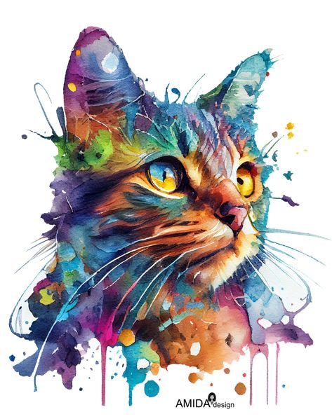 Colorful Watercolor painting of a Cat portrait Cat Watercolor Art, Animal Lover Drawing, Colorful Cat Painting, Cat Art Watercolor, Cat Illustration Design, Watercolour Cats, Colorful Cat Art, Watercolour Cat, Cat Watercolour