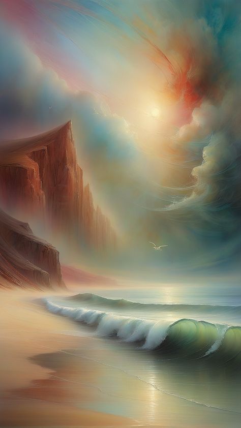 Fantasy Landscape Otherworldly, seascape, beach, Oil Painting Fantasy Beach, Beach Oil Painting, Fantasy Architecture, Fantasy Landscape, Beautiful Things, Painting Ideas, Oil Painting, Architecture