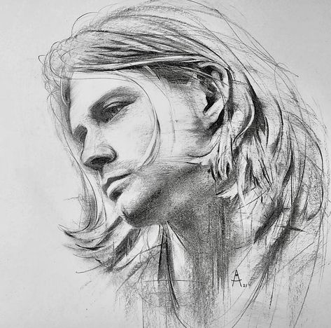 How To Draw Kurt Cobain, Kurt Cobain Drawing, Kurt Cobain Artwork, Kurt Cobain Art Paintings, Kurt Cobain Drawing Sketch, Monochromatic Illustration, Kurt Cobain Art, Portrait Charcoal, Nirvana Music