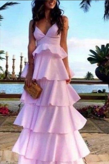 Pink Ruffled V-neck Evening Dress Formal Gown Pink Ruffle Dress Long, Bubble Gum Pink Prom Dresses, Teared Prom Dress, Pink Fluffy Prom Dress, Pink Formal Dress Long, Pink Ruffle Prom Dress, Preppy Prom Dresses, Strapless Vintage Wedding Dress, Ruffle Pink Dress