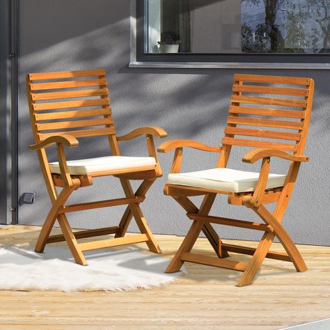 IDZO, Percy Chairs Heavy Duty 400lbs Capacity Set of 2 w/Cushion, FSC Acacia Outdoor Furniture, Teak Finish, Fully Assembled, Wood Folding_Beige Outdoor Chairs Wooden, Foldable Structure, Wooden Patio Chairs, Wood Patio Chairs, Wooden Folding Chairs, Wood Folding Chair, Lawn Chair, Garden Balcony, Outdoor Armchair