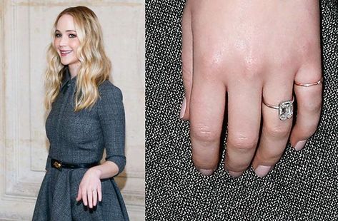 The Year of Smallish Celebrity Engagement Rings | The Adventurine Jennifer Lawrence Engagement Ring, Giant Engagement Ring, Nails Celebrity, Blue Goddess, Celebrity Wedding Rings, Small Engagement Rings, Tattoo Nails, Fashion Tattoo, Celebrity Makeup Looks