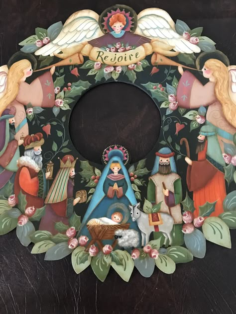 Painting Nativity Scene, Nativity Wreath, Nativity Painting On Wood, Painted Nativity Scene On Canvas, Nativity Painted On Wood, Handpainted Nativity Scene, Nativity Painting, Tole Painting Patterns, Christmas Nativity Scene