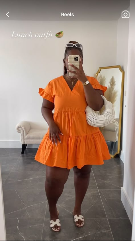 Sun Dresses Plus Size, Carrebian Gown Styles, Family Picnic Outfit, Vacation Plus Size Outfits, Orange Outfits For Black Women, Plus Size Summer Outfits Curvy Fashionista, Graduation Guest Outfit Ideas, Clothes Tricks, Clothes Curvy