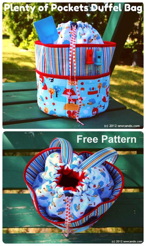 Sewing pattern for a round bucket tote bag with a drawstring liner. Project bag sewing pattern. This round bag has plenty of pockets inside and out and works well as a sewing, knitting or crochet bag. The drawstring top stops things falling out. #SewABag #BagSewingPattern #SewingForFree #FreeSewingPattern #SewADuffleBag #DuffleBagSewingPattern #FreeSewingTutorial #ProjectBagPattern #KnittingBagPattern Bingo Bag Sewing Pattern, Project Bag Sewing Pattern, Bingo Bags, Purse Necessities, Bucket Bag Pattern, Knitting Bag Pattern, Bucket Tote Bag, Bag Sewing Pattern, Fabric Purse