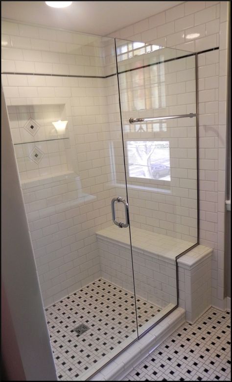 Small Bathroom Window, Bathroom Shower Stalls, White Tile Floor, Glass Shower Enclosures, Shower Seat, Frameless Shower Doors, Bathroom Remodel Shower, Bathroom Windows, Trendy Bathroom