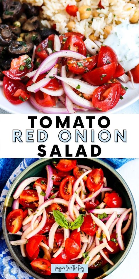 Tomato and red onion salad on a dinner plate and in a bowl Red Onion And Tomato Salad, Cold Deli Salads, Tomato And Onion Salad Recipes, Tomato Red Onion Salad, Onion Tomato Salad, Tomato Ideas, Tomato Onion Salad, Mediterranean Tomato, Tomato And Onion Salad