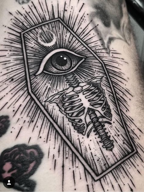 Skeleton Tattoo Ideas, Dark Tattoo Ideas, Coffin Tattoo, Tato Minimal, Skeleton Tattoo, Skeleton Tattoos, Creepy Tattoos, Seeing Eye, All Seeing Eye