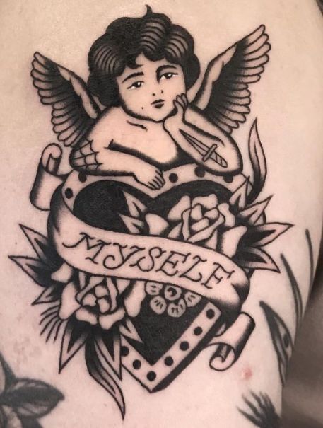 Traditional Inner Elbow Tattoo, American Traditional Cherub, Angel Traditional Tattoo, Traditional Cherub Tattoo, Traditional Tattoo Black And White, Traditional Heart Tattoos, Bold Tattoo, Cupid Tattoo, Traditional Black Tattoo