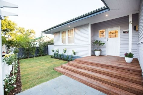 Decked Front Entrance, House Entrance Pathway, Front Door Floating Deck, Renovated Weatherboard House, Weatherboard House Front Garden, Deck At Front Of House, Weatherboard House Colours, Front Deck Steps, Timber Decking Front Entrance