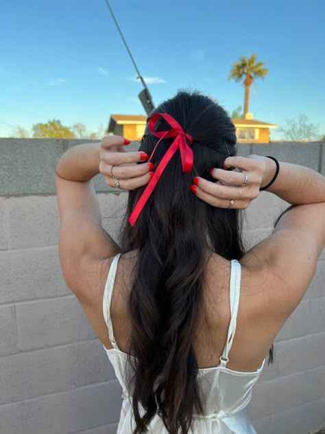 #red #ribbon #crush #dance #dress #valentinesday #valentinesdaynails #valentines Red Ribbon Hair Tie, Lana Del Rey Ribbon Hair, Red Hair Accessories Aesthetic, Red Hair Bow Aesthetic, Hairstyles With Red Ribbon, Red Hair Bows, Red Bows In Hair, Red Ribbon Outfit, Red Bow Outfit