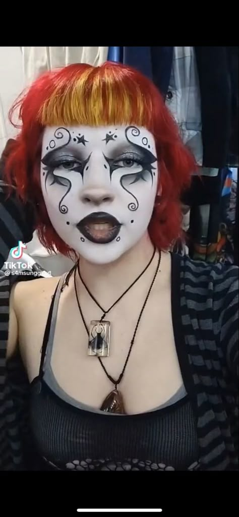 White Face Makeup Looks, Clown Makeup Messy, White Face Goth Makeup, Alt Drag Makeup, Creative Alt Makeup, Creative Clown Makeup, Rainbow Goth Makeup, Whimsical Goth Makeup, Matching Makeup Looks