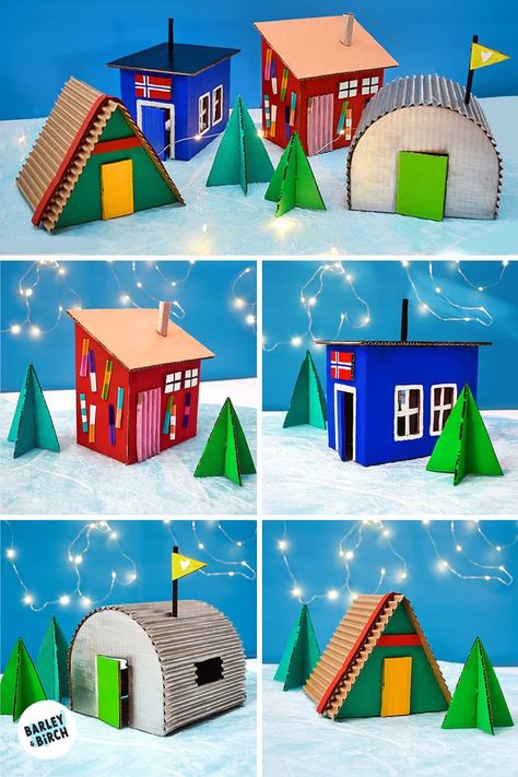 This cardboard ice shanty art project for kids can be used for everything from frosty small world play to winter STEAM challenges and process art projects. | from barley & birch Cardboard Houses For Kids, Cardboard Crafts For Kids, Kids Architecture, Snowflake Making, Ice Shanty, Architecture For Kids, Kids Play Ideas, Winter Sensory, Steam Challenges