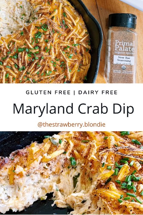 Gluten free dairy free hot Maryland crab dip. Paleo crab dip recipe. Dairy free dip recipe. Gluten Free Crab Dip, Gluten Free Dairy Free Crab Recipes, Dairy Free Crab Dip, Non Dairy Appetizers, Maryland Crab Dip, Blue Crab Recipes, Hot Crab Dip Recipe, Seafood Dip, Dairy Free Dips