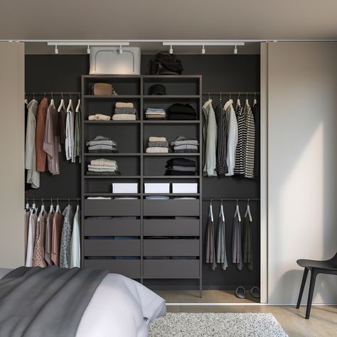 AURDAL wardrobe combination, dark gray, 92 1/8-118 1/8x15 3/4x87 ". Do you want to utilize the small and tricky places in your home? With AURDAL storage system you can customize a solution to fit all storage needs for shoes and clothes in the reach-in or walk-in closets. Steel. Ikea Closet System, Closet Behind Bed, Ikea Closet Organizer, Closet Small Bedroom, Black Closet, Ikea Closet, Small Bedroom Furniture, Wardrobe Systems, Closet Hacks