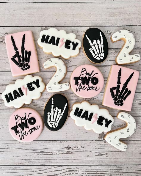 Bad Two The Bone Sugar Cookies 🦴 #customsugarcookies #customcookies #sugarcookies #decoratedsugarcookies #cookies #royalicing #royalicingcookies #royalicingart #badtwothebone #badtwothebonecookies #birthdaycookies #sugarcookiedecorating #sugarcookiedecorator #sugarcookieart #sugarcookieartist #cottagebakery #njsmallbusiness #njbaker #njcookies #njdesserts Bad 2 The Bone Cookies, Bad To The Bone Birthday Party Girl, Bad Two The Bone Cookies, Bad To The Bone Birthday Party, Bad Two The Bone Birthday Party Girl, Bad Two The Bone, Birthday Party Girl, Second Birthday Ideas, 1st Birthday Themes