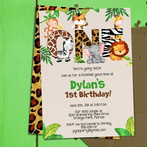 Safari Theme Birthday Party, Jungle Invitations, Third Birthday Invitations, Safari Invitations, 1st Birthday Invitation Template, Jungle Theme Birthday, Safari Theme Birthday, Prince Birthday, 1st Birthday Party Invitations