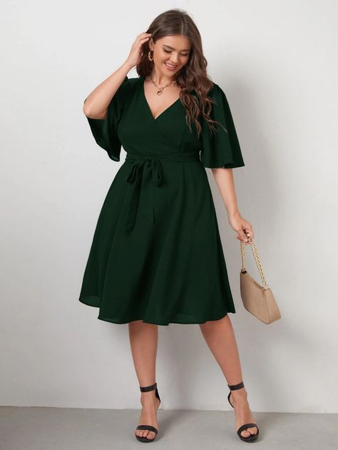 Plus Size Elegant Dresses, Sukienki Plus Size, Butterfly Sleeve, Ruffle Hem Dress, Butterfly Sleeves, Curve Dresses, Plus Dresses, Tie Dress, Trendy Fashion Women