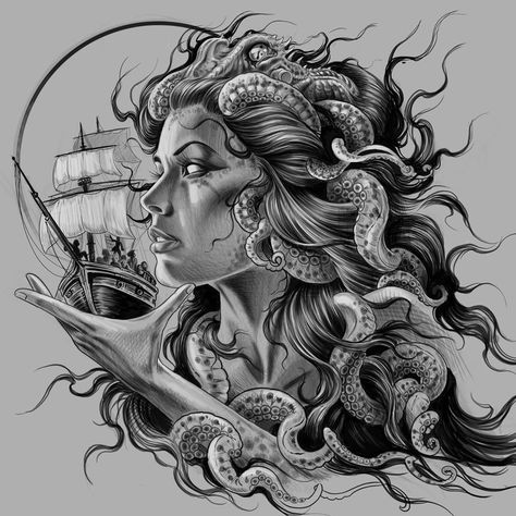 Poseidon Tattoo, Mermaid Tattoo Designs, Medusa Tattoo Design, Pirate Tattoo, Girl Face Tattoo, Armband Tattoos, Statue Tattoo, Full Sleeve Tattoo Design, Goddess Tattoo